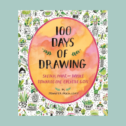 Book cover of '100 Days of Drawing' with colorful design and text.