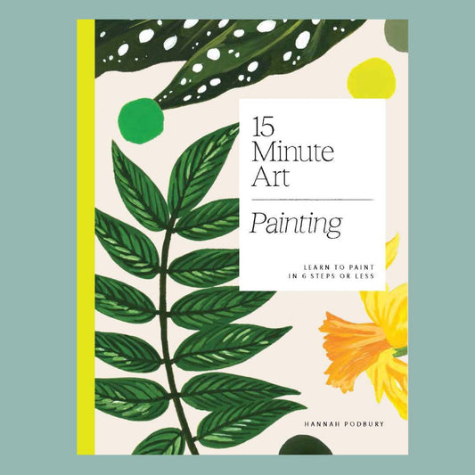 Book cover of '15 Minute Art Painting' with green leaves and a yellow flower on a light blue background