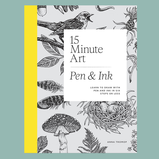 Book cover of '15 Minute Art: Pen & Ink' with black line art on a light gray background.