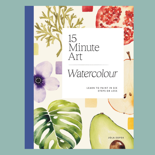 Book cover of '15 Minute Art Watercolour' with watercolor illustrations on a teal background