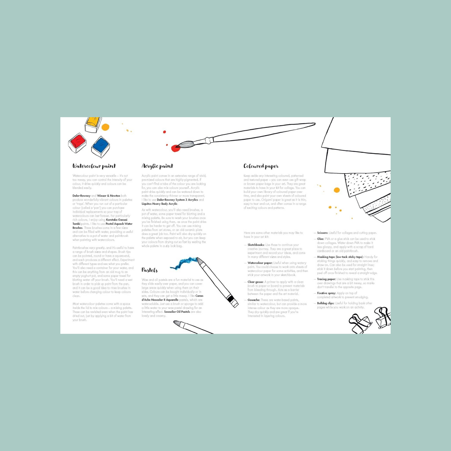 Inside pages of a book explaining painting tools on a light blue background