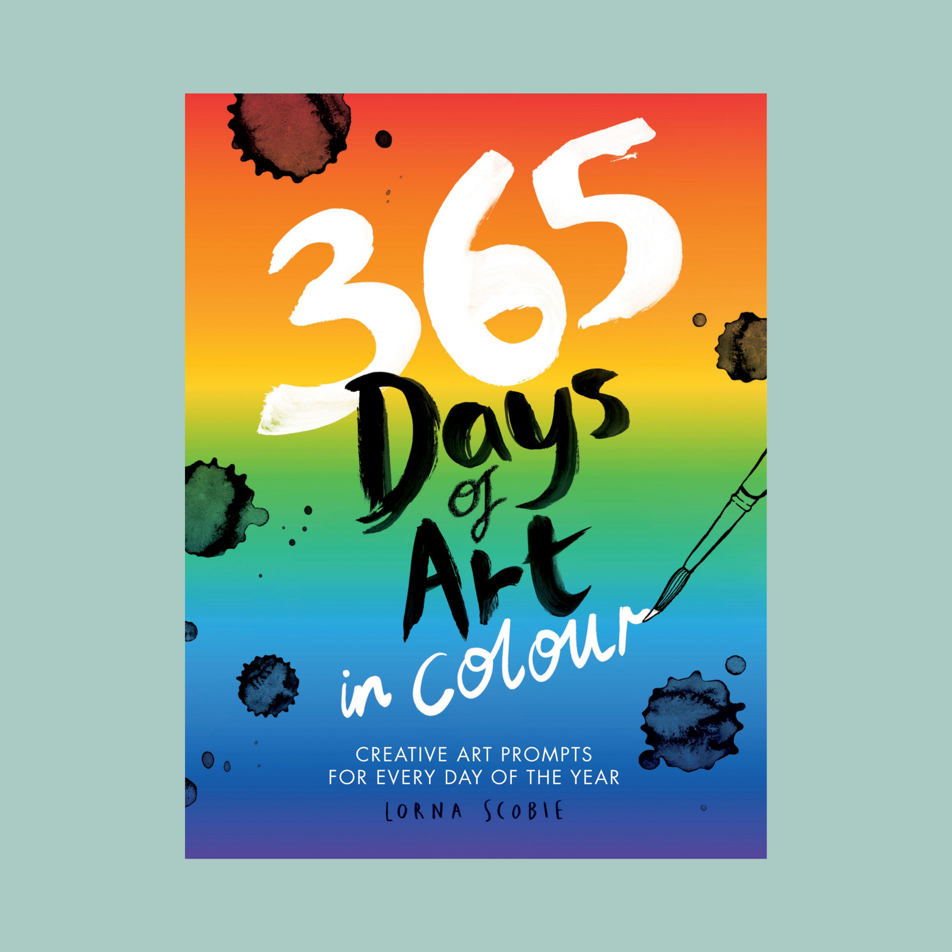 Book cover of '365 Days of Art in Colour' with a rainbow gradient and art supplies illustration.