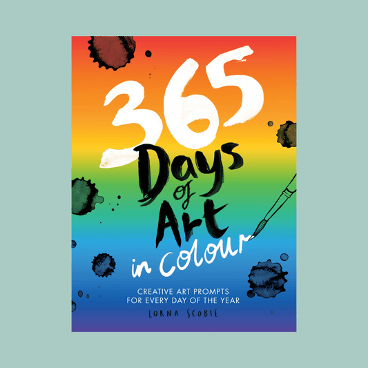 Book cover of '365 Days of Art in Colour' with a rainbow gradient and art supplies illustration.