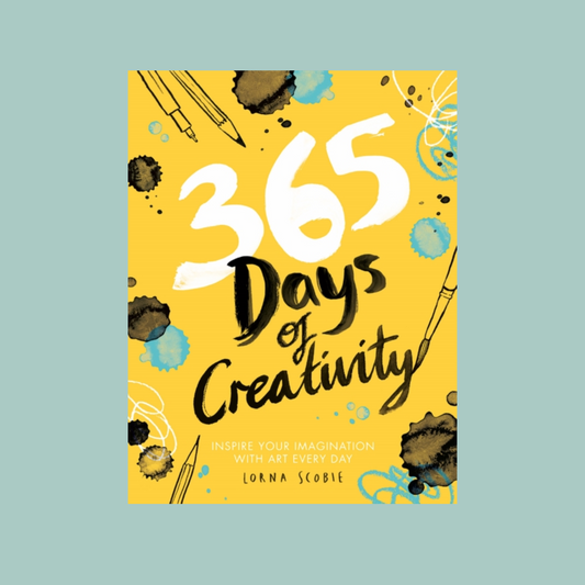 Book cover of '365 Days of Creativity' with artistic elements on a yellow background