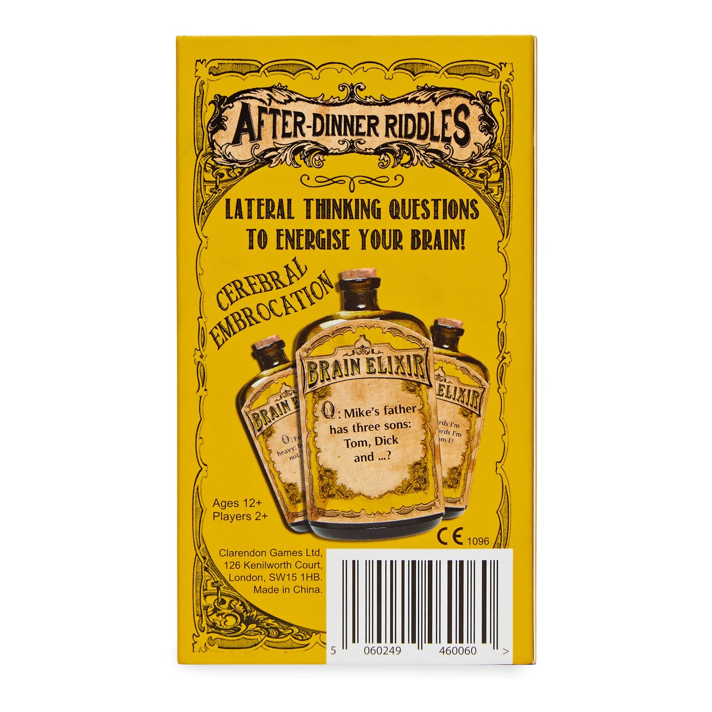 Image of the back of the Brain Elixir card game in a yellow colour with a Victorian illustration of apothecary bottles and a barcode. Image is on a white background