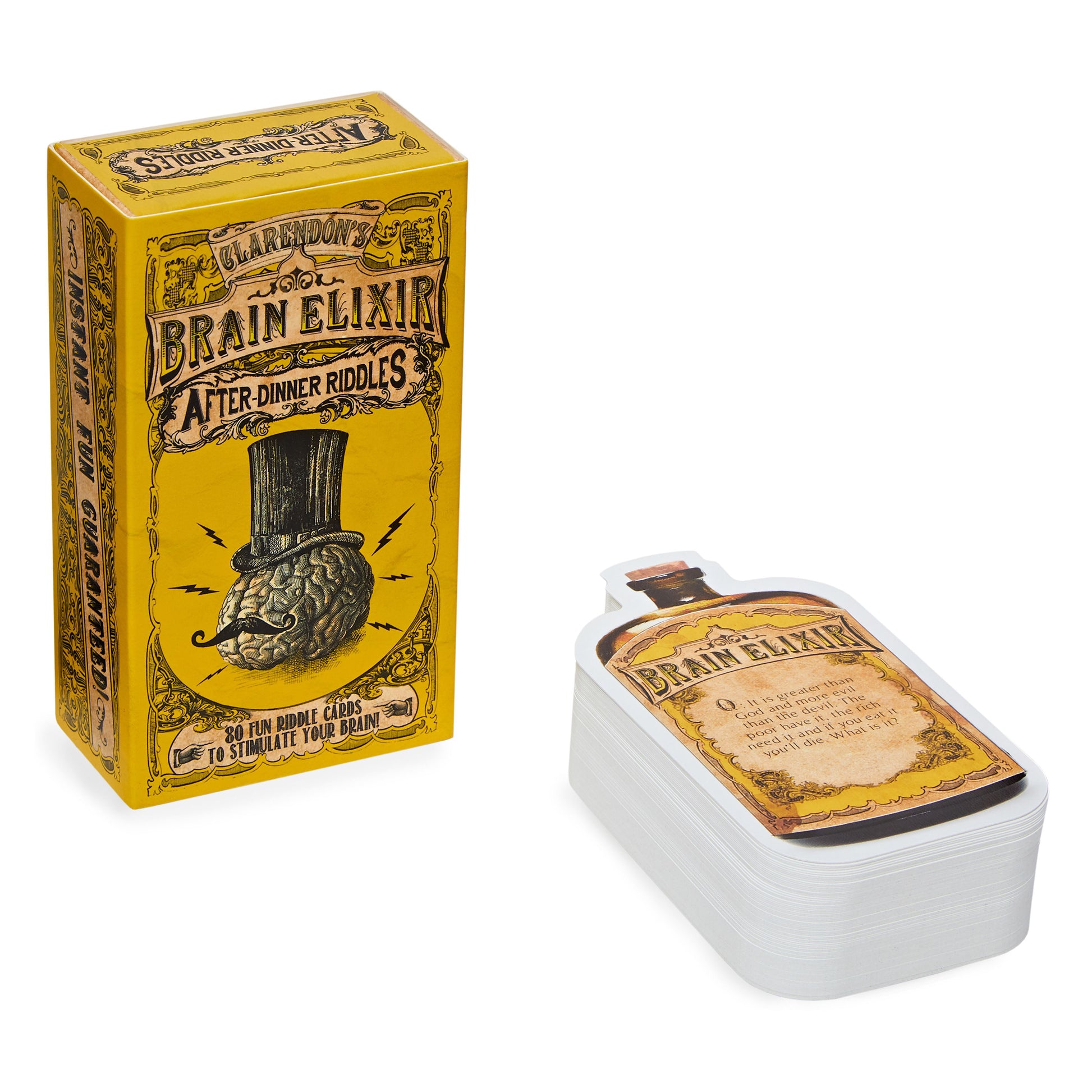 Image of Brain Elixir card game in a yellow colour with a Victorian illustration on the front. To the side is the cards out of the packet in the shape of an old apothecary bottle. Image is on a white background