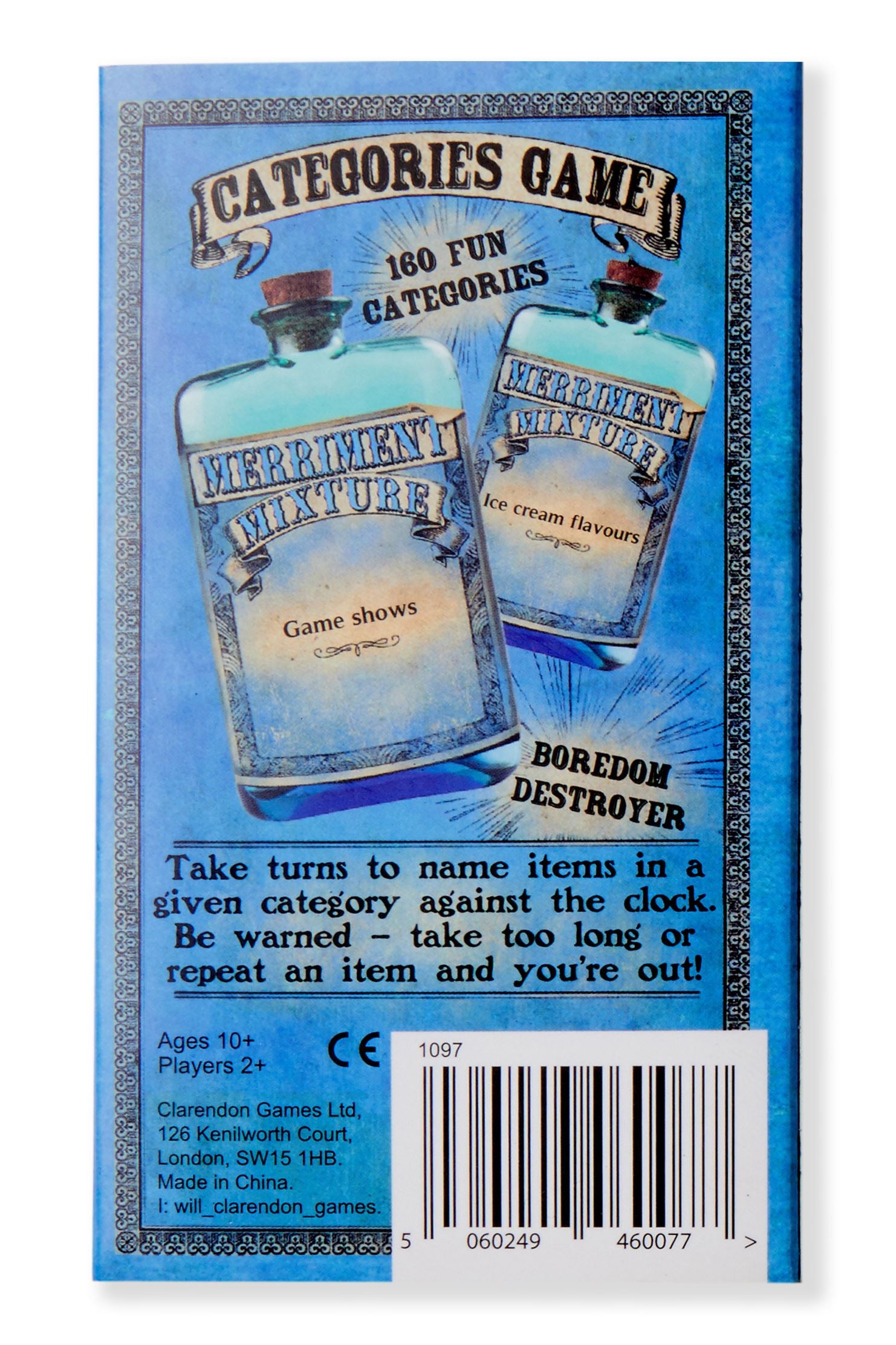 A blue box containing a card game. The back cover has a Victorian illustration of two apothecary bottles and a barcode. Image is on a white background