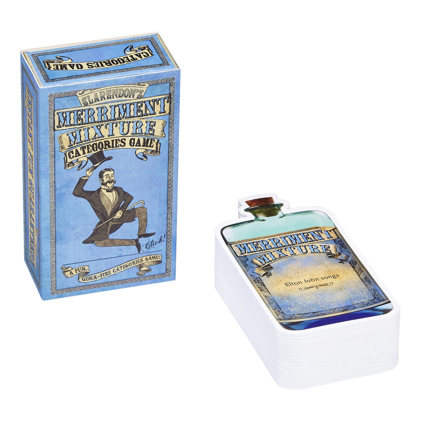 A blue box containing a card game. The cover has a Victorian illustration of a man jumping with a top hat. There is a deco of cards beside the box in the cut-out shape of an apothecary bottle. Image is on a white background