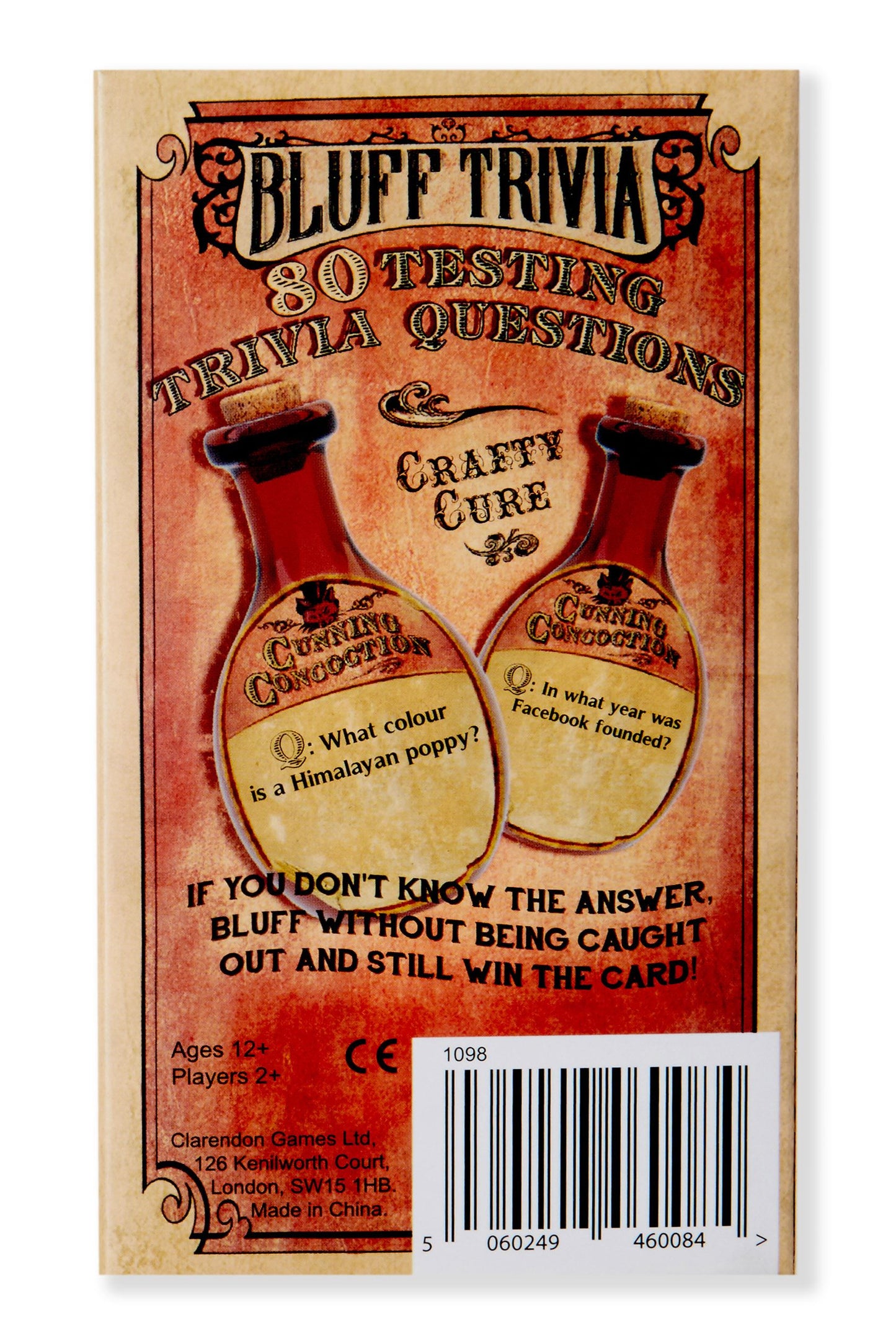 Card game box in red with a Victorian illustration of two apothecary bottles. Image in on a white background