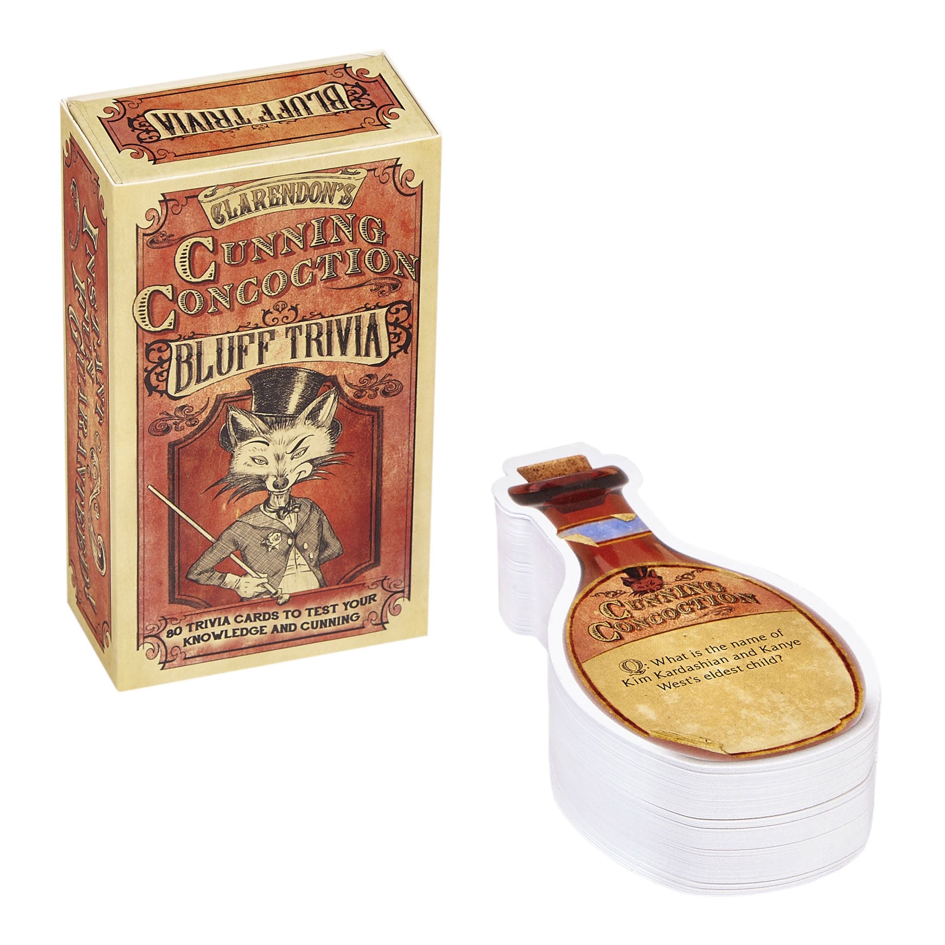 Card game box in red with a Victorian illustration of a fox. The card inside the box are next to it in a bottle shape. Image is on a white background