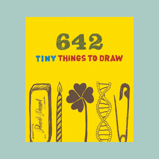 Book cover with '642 Tiny Things to Draw' text and illustrations on a yellow background