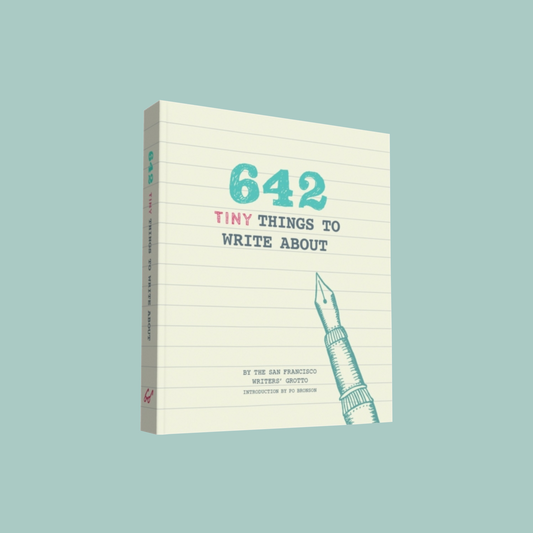 Book titled '642 Tiny Things to Write About' with a pen illustration on a teal background