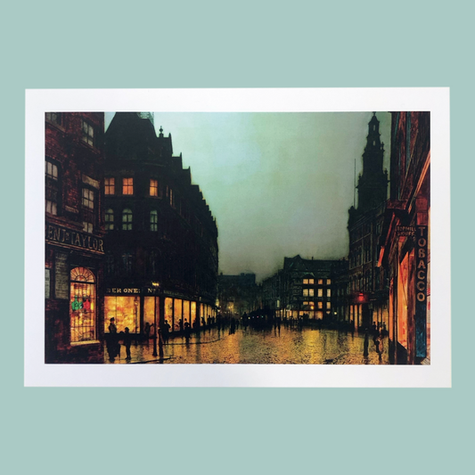 Boar Lane by John Atkinson Grimshaw A3 print unframed on a light blue background.