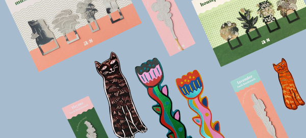 a collection of colourful bookmarks on a blue background