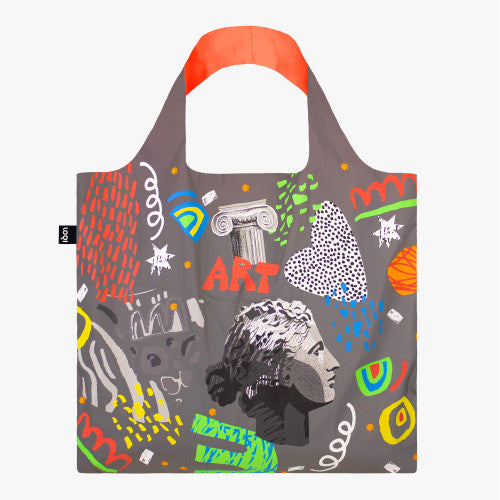 reflective grey bag with colourful illustrations on a white background