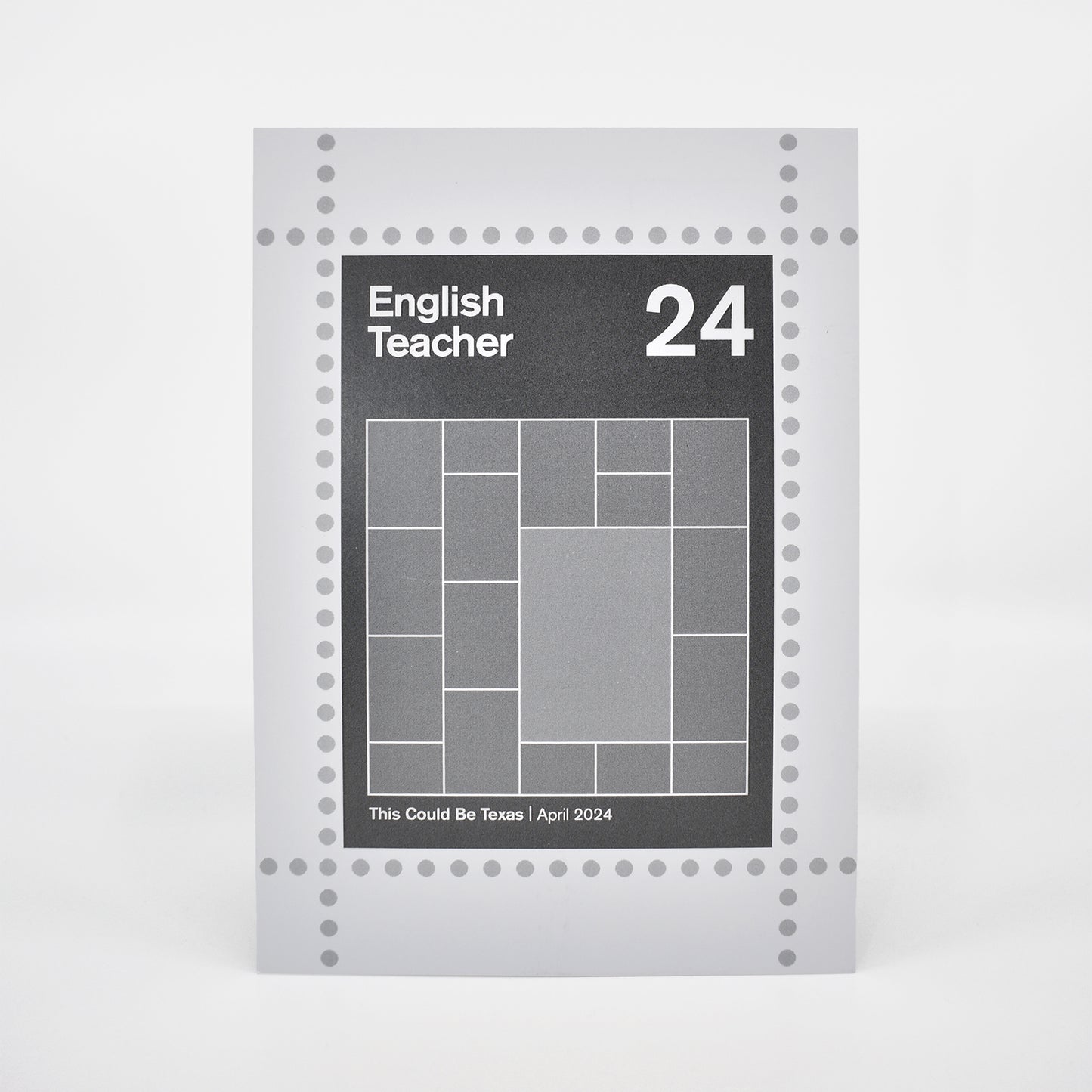 Postcard for 'English Teacher' with text and design elements on a gray background