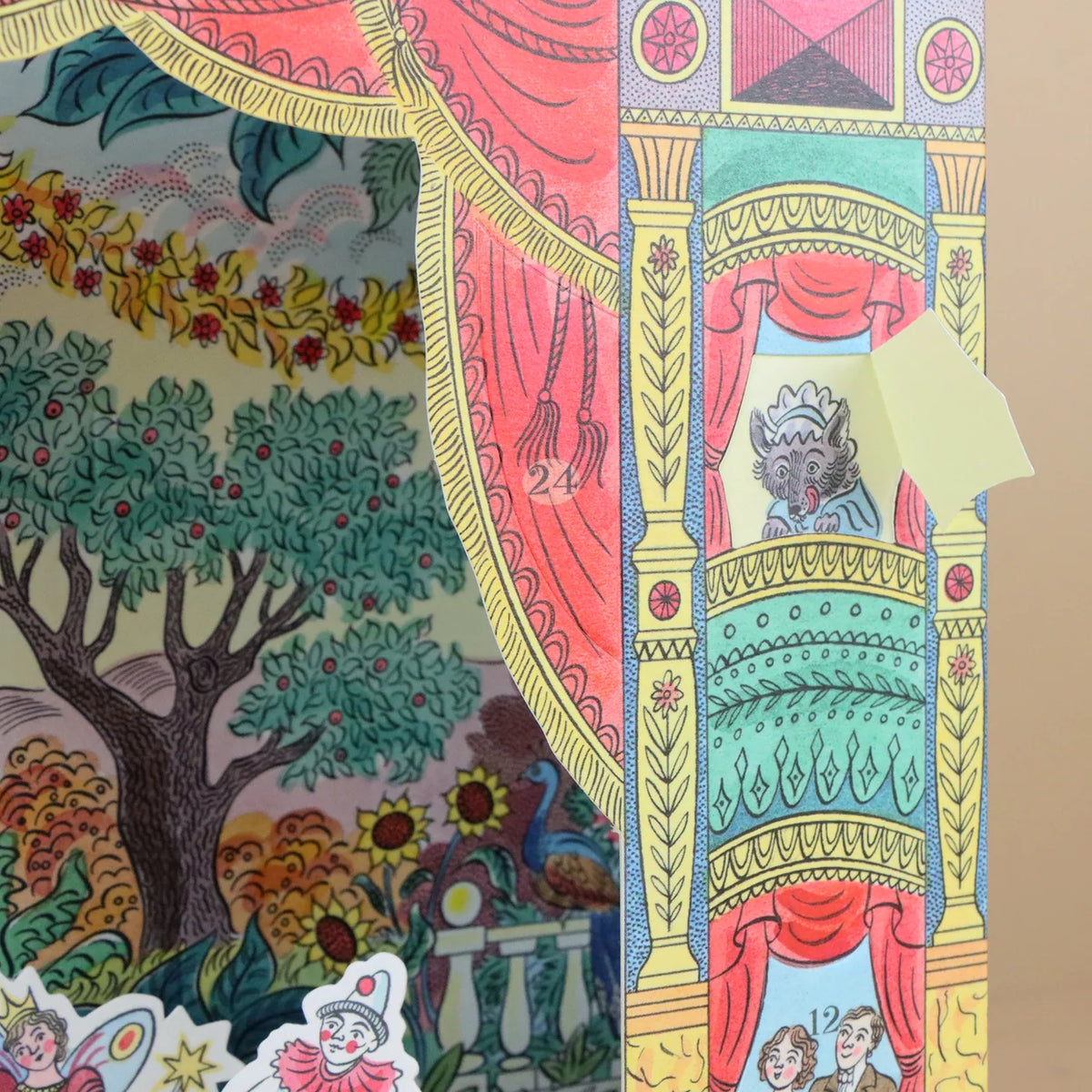 A close up of an open door on a pantomime themed advent calendar.