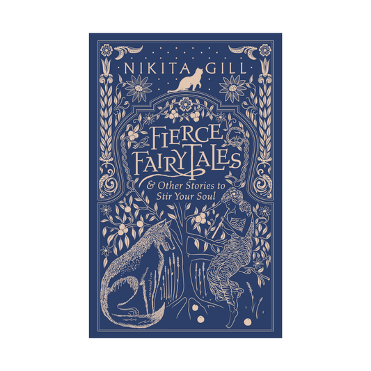 Book cover of Fierce Fairytales. The cover is blue with a line drawing illustration of mythical animals and patterns