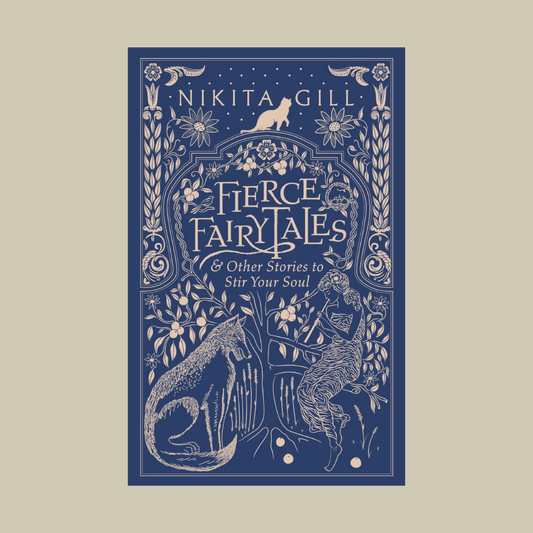 Book cover of Fierce Fairytales. The cover is blue with a line drawing illustration of mythical animals and patterns