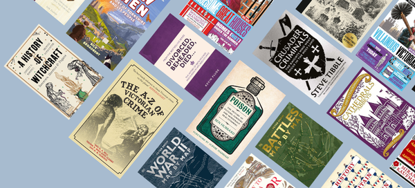 A collection of history book covers on a blue background