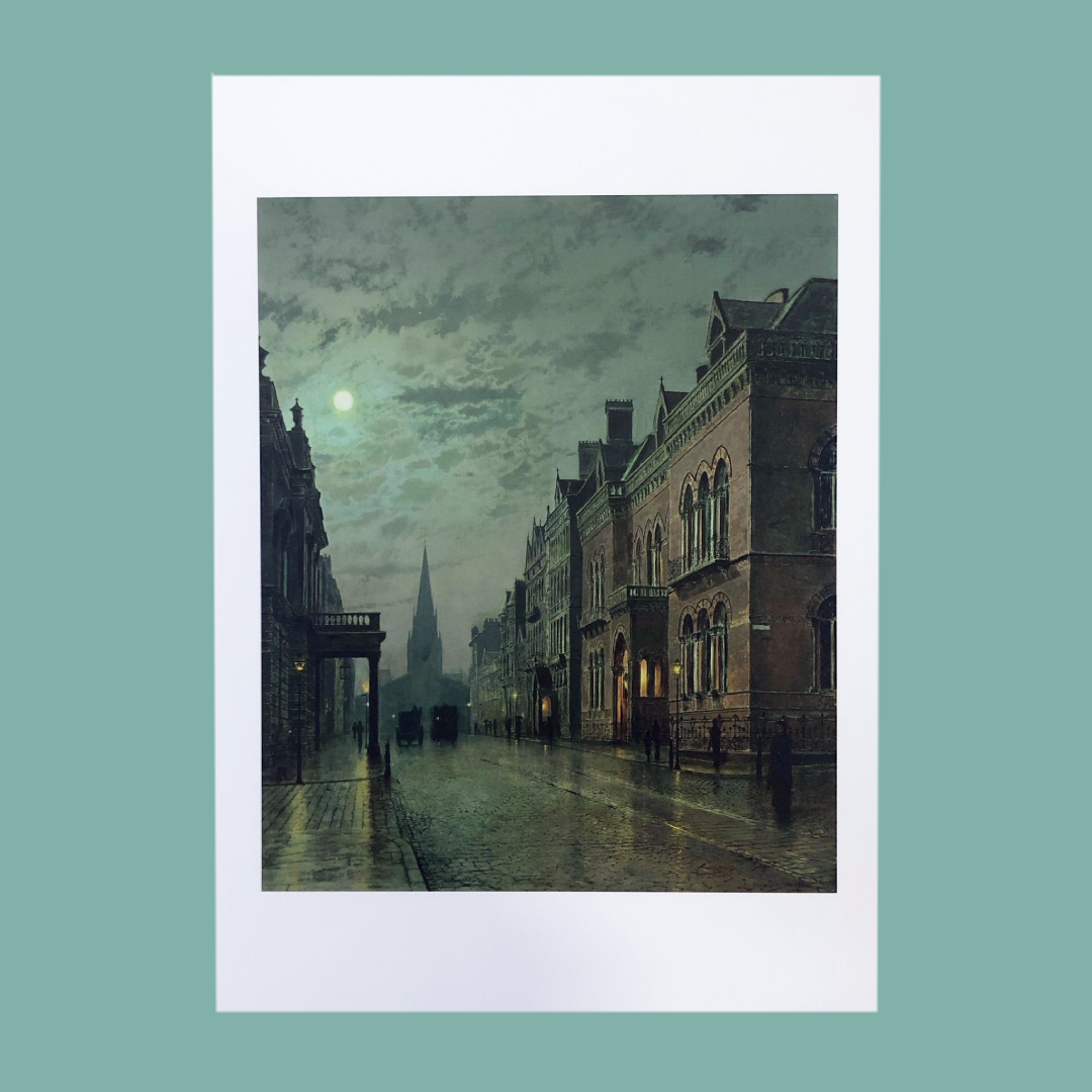 Park Row by John Atkinson Grimshaw A3 print on a blue background.
