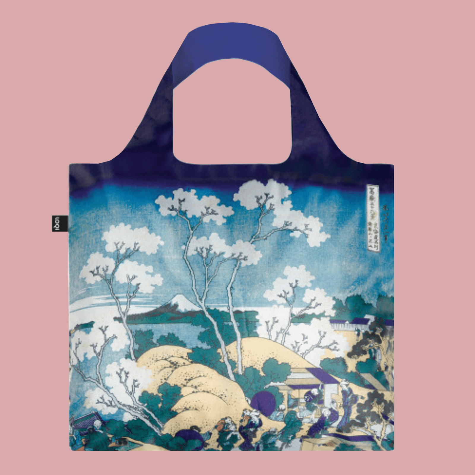 Reusable bag with a scenic design on a pink background