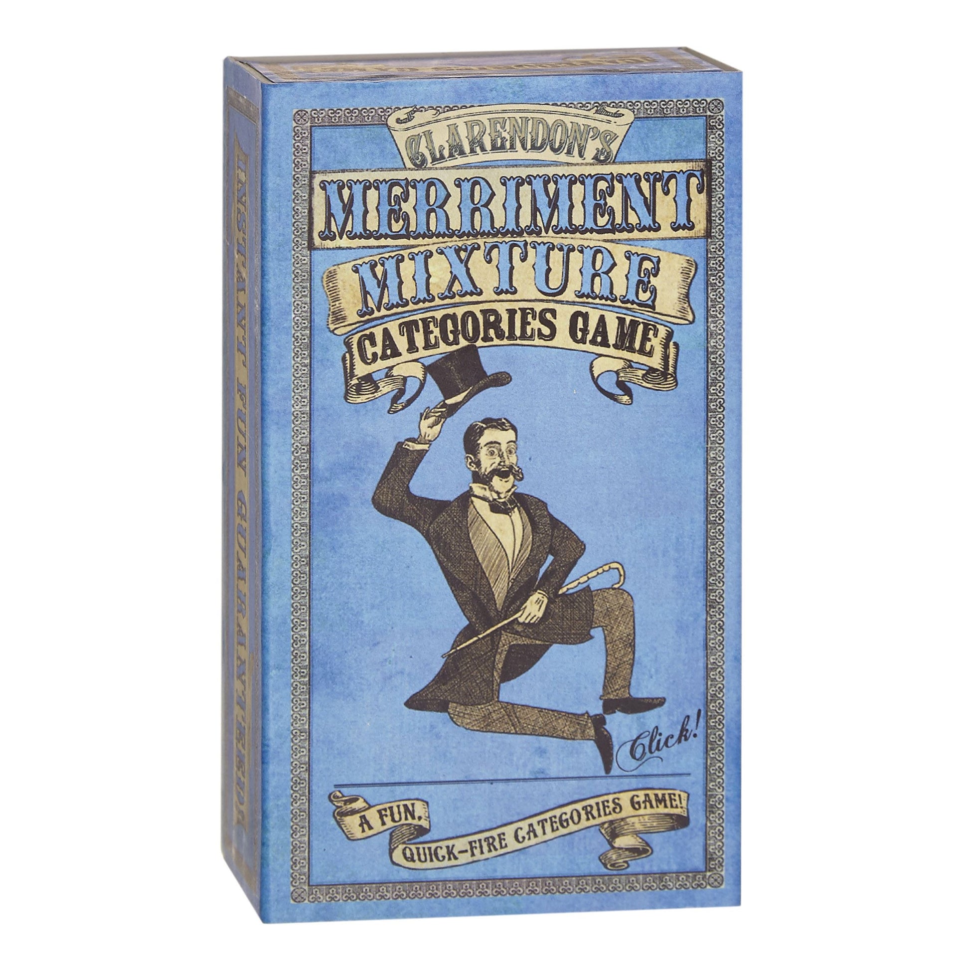 A blue box containing a card game. The cover has a Victorian illustration of a man jumping with a top hat. Image is on a white background