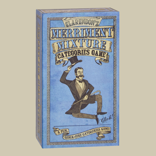 Board game box titled 'Clarendon's Merriment Mixture Categories Game' with a vintage-style illustration of a man in a top hat on a blue background.