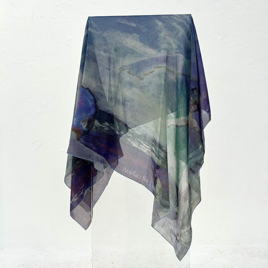 Blue, purple, and green silk scarf, on a white background.