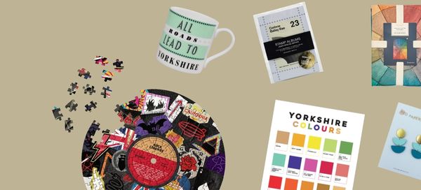 Collage of Yorkshire-themed products including a mug, puzzle, and color chart on a beige background.