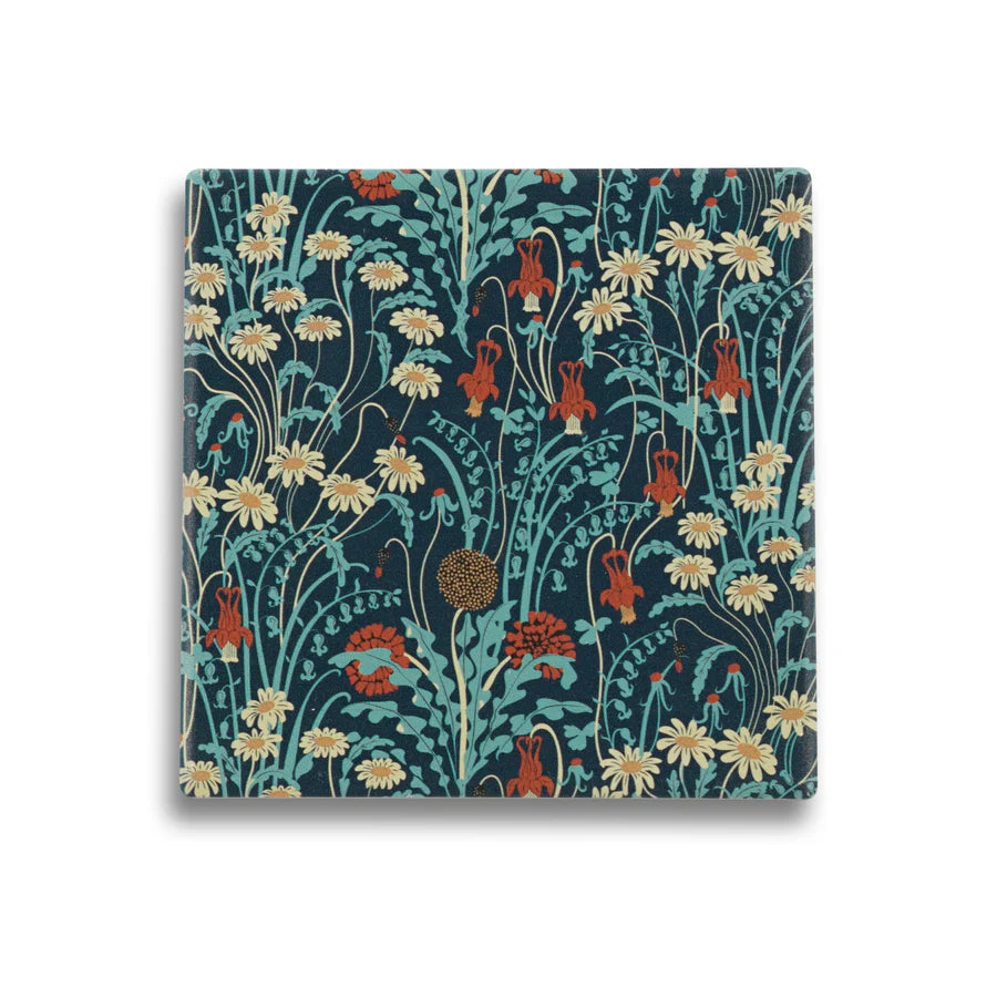 Ceramic coaster with a colourful floral pattern by Walter Crane on a white background