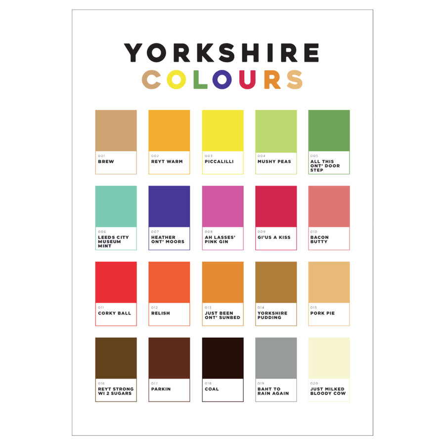 A3 print of a colour swatch chart titled 'Yorkshire Colours' with various colour names.