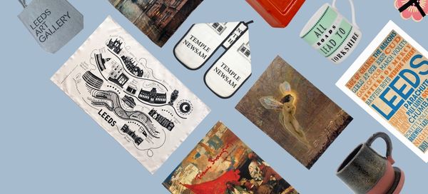 Collection of art prints and mugs with 'Leeds' branding on a blue background