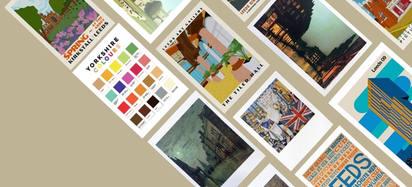 Collection of illustrated postcards with various designs on a beige background