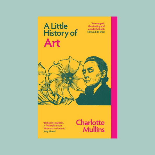 Yellow book cover with pink accents The cover has a drawing of a person and flowers. The book is on a light teal background.