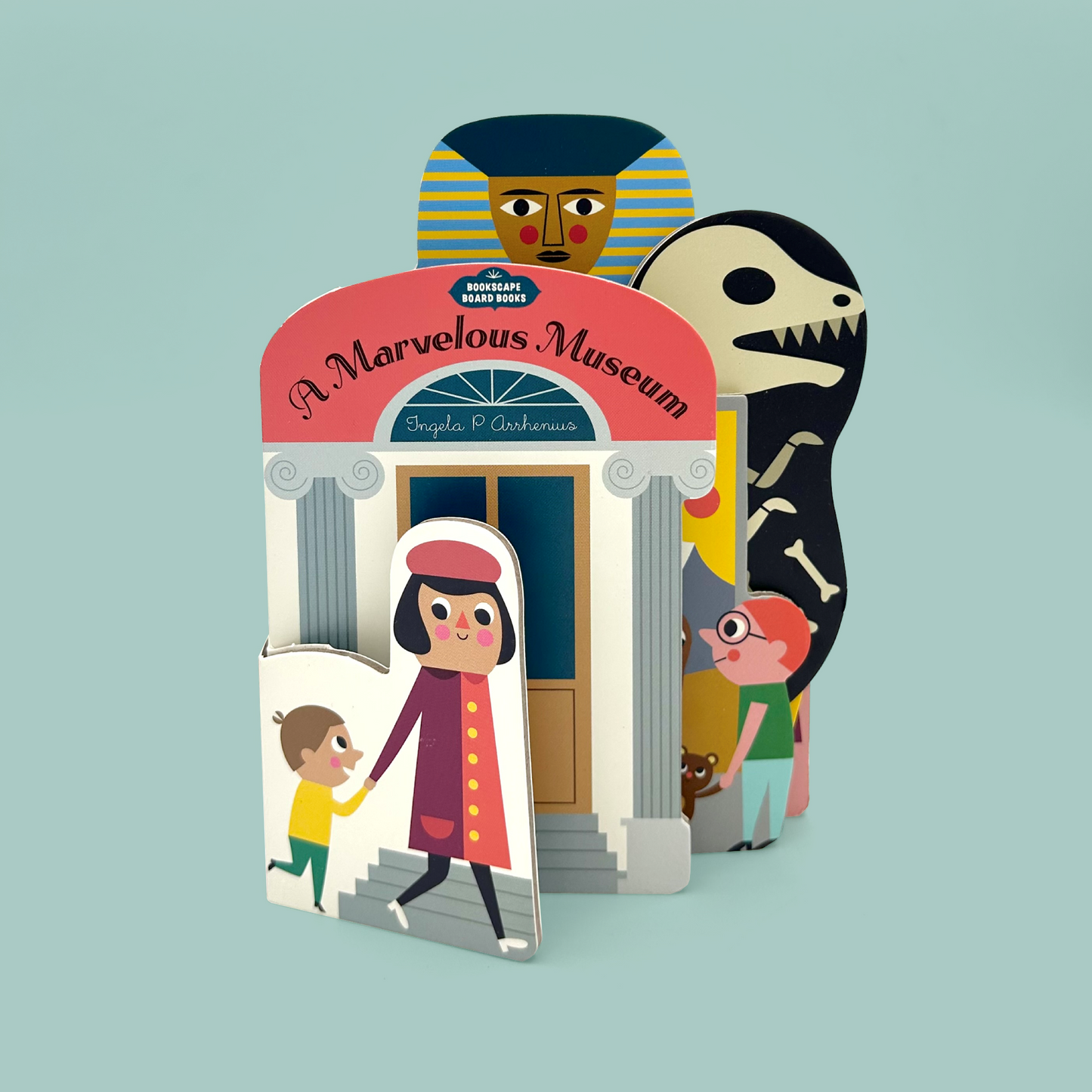 Children's book cover with a museum theme featuring a family and dinosaur skeleton on a light blue background.