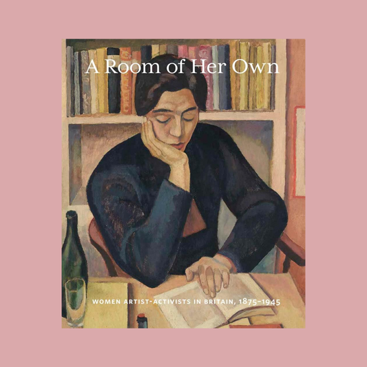 Book cover with a painting of a woman sitting at a desk, surrounded by books, on a pink background.