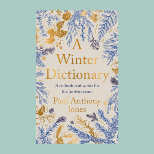 Book cover of 'A Winter Dictionary' by Paul Anthony Jones with floral design on a light blue background