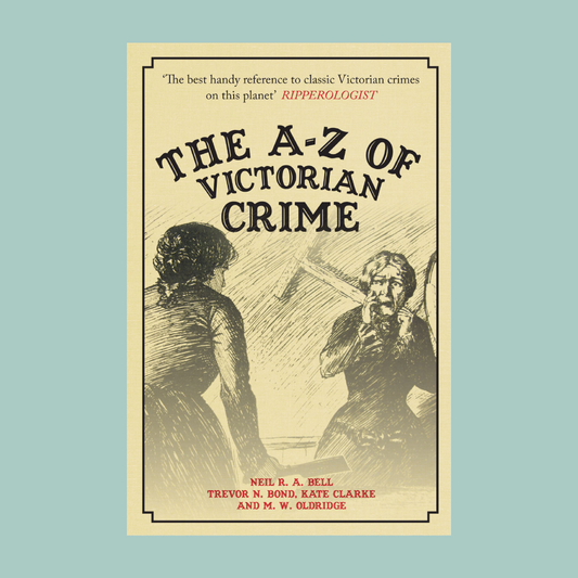 A book cover for 'The A-Z of Victorian Crime' book, displaying a Victorian illustration on a beige background. 