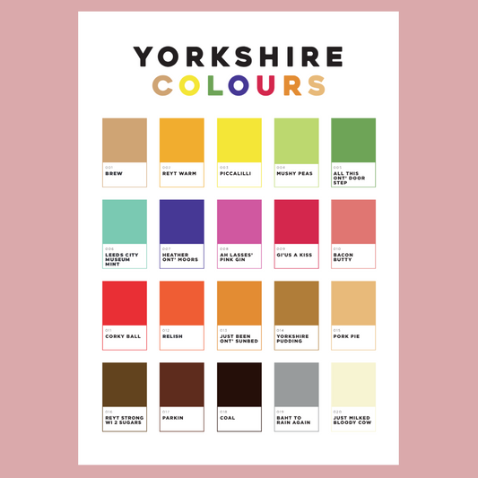 A3 print of a colour swatch chart titled 'Yorkshire Colours' with various colour names.