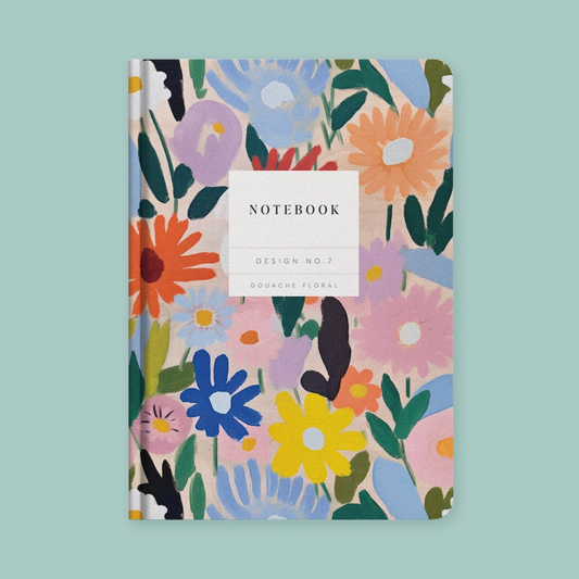A floral notebook with a colorful abstract flower pattern on a light background, featuring a white label in the center that reads 'NOTEBOOK DESIGN NO.7 GOUACHE FLORAL'.