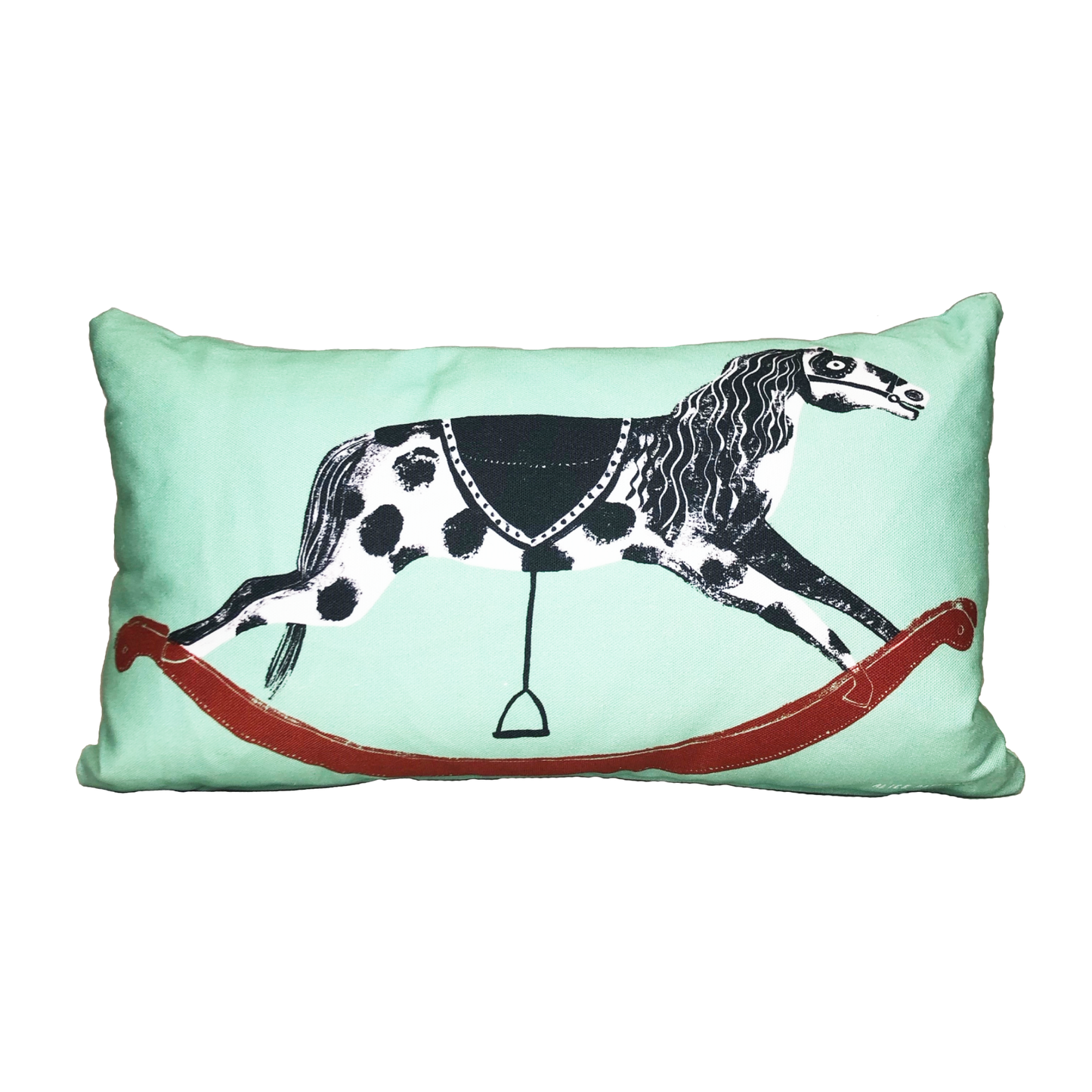 A green rectangular cushion with a victorian rocking horse design for Abbey House Museum on a white background