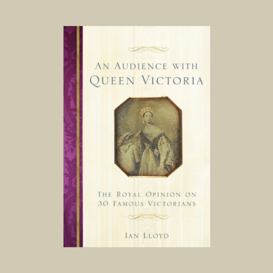 Book cover of 'An Audience with Queen Victoria' which has a purple border and a sepia-toned image of Queen Victoria. The book is on a beige background. 