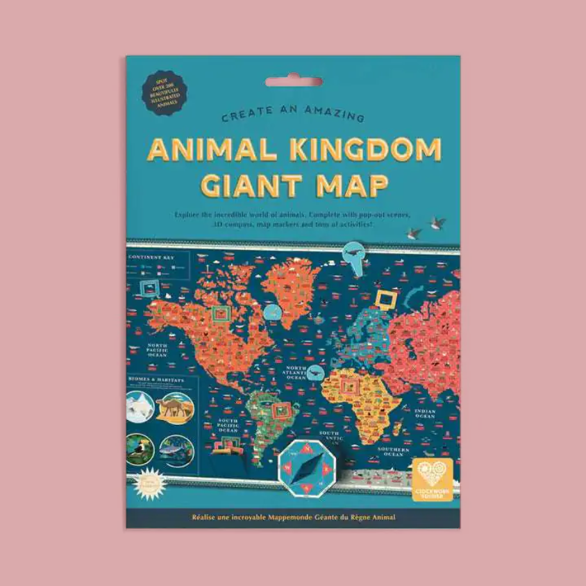 Animal Kingdom Giant Map activity kit packaging on a solid pink background. The package is teal with yellow text and features a colorful world map design.