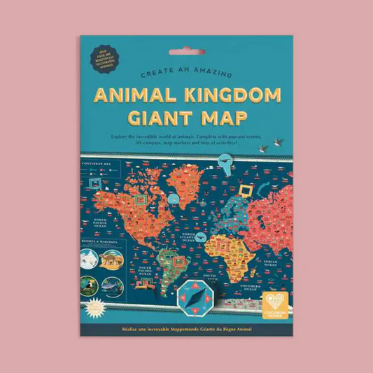 Animal Kingdom Giant Map activity kit packaging on a solid pink background. The package is teal with yellow text and features a colorful world map design.