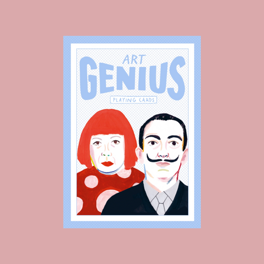 Card packaging with a stylized illustration of a man and woman, featuring the text 'Art Genius Playing Cards' on a pink background.