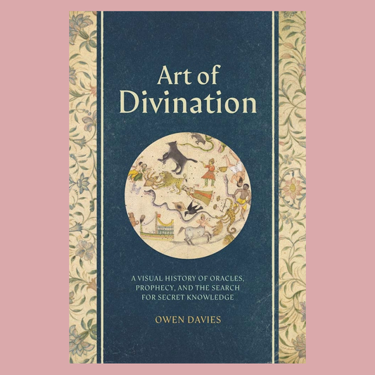 The book cover of 'Art of Divination' by Owen Davies, featuring a dark blue central panel with a circular medieval-style illustration of zodiac signs, flanked by ornate beige floral borders on a solid pink background.