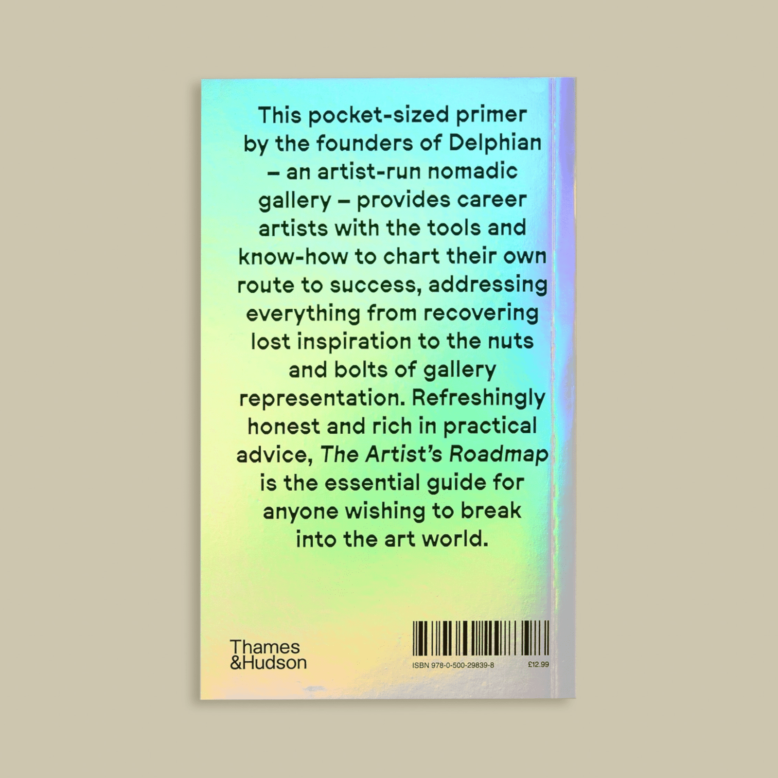 Book cover with text on a holographic background