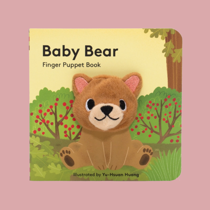 Baby Bear Finger Puppet Book featuring a plush brown bear on the cover, set against a solid pink background.