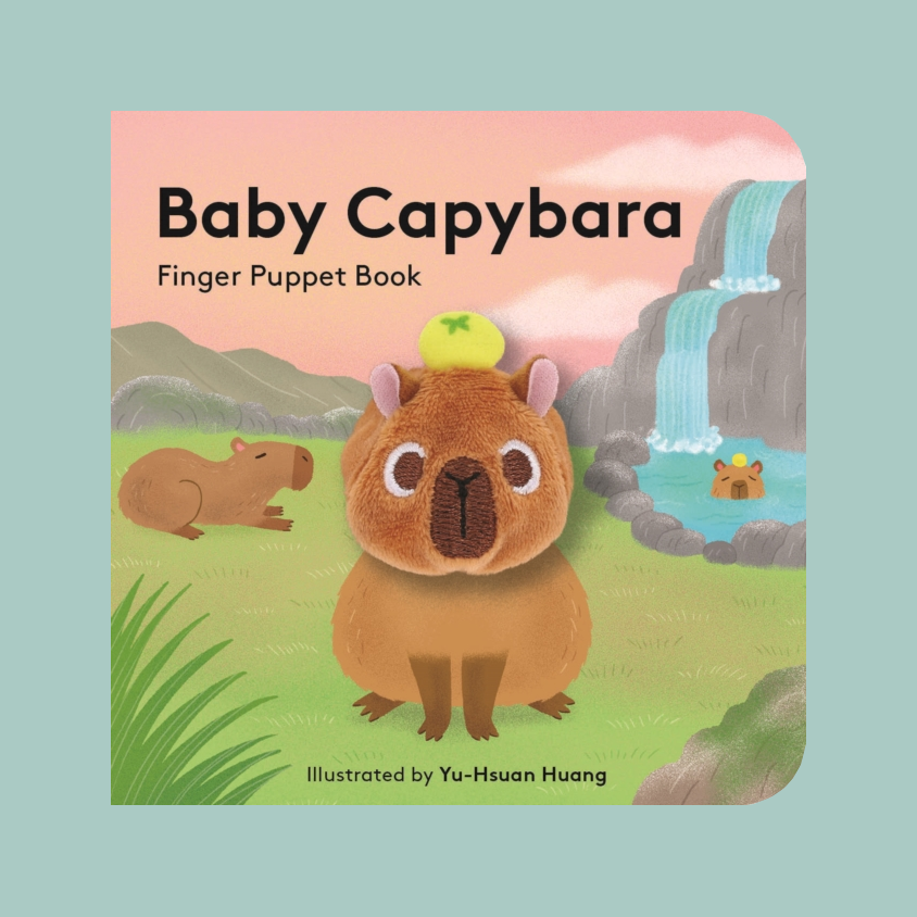 Baby Capybara Finger Puppet Book cover featuring a cute illustrated capybara in a grassy landscape with a waterfall and another capybara resting nearby. The title 'Baby Capybara Finger Puppet Book' is printed at the top, with 'Illustrated by Yu-Hsuan Huang' at the bottom.